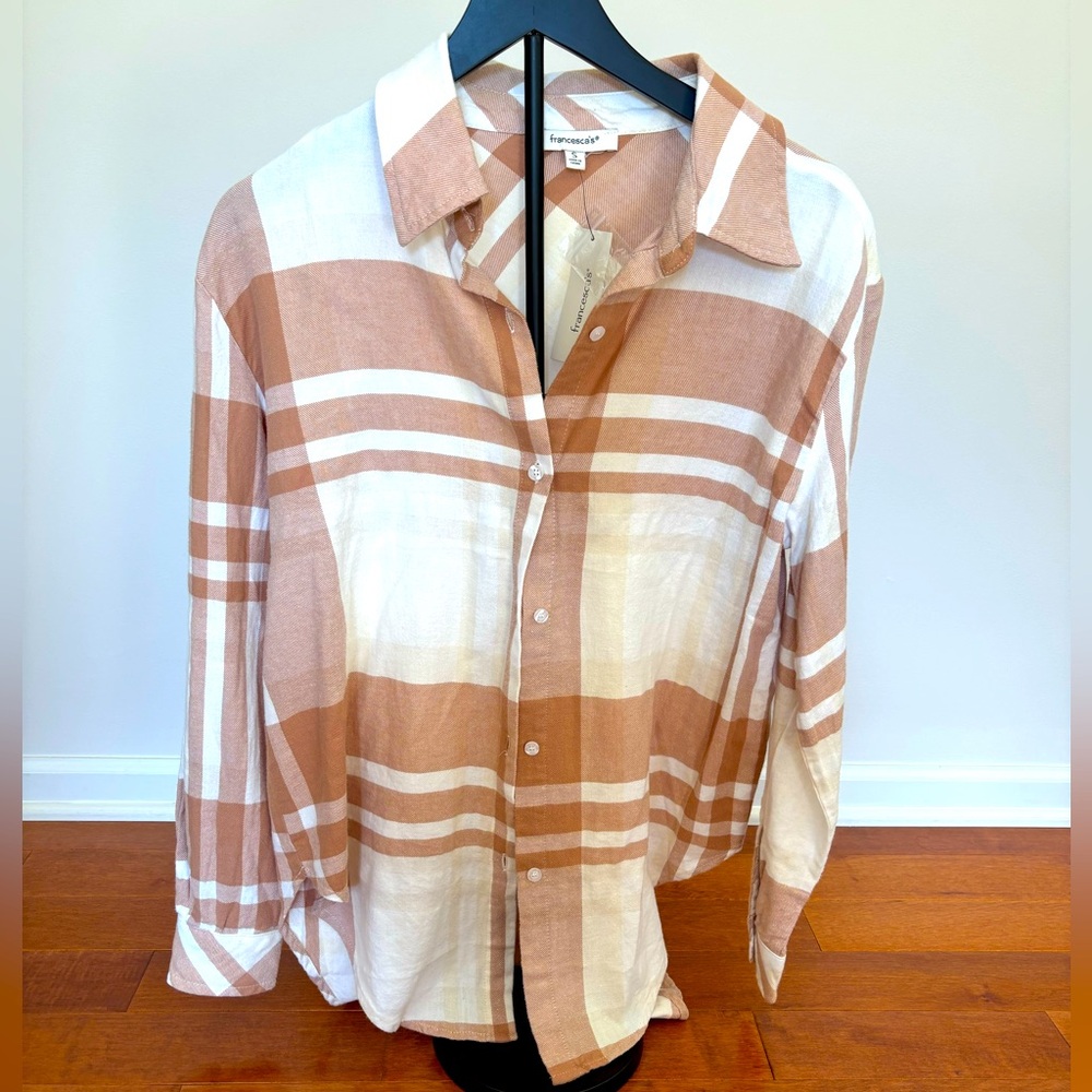 Francesca’s Plaid Button Down Shirt Neutral Beige White Women’s Small NWT